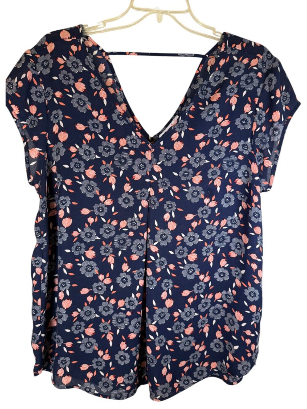 Dr2 Daniel Rainn Navy/Peach Floral Print Popover Top Front/Back V Womens Size L